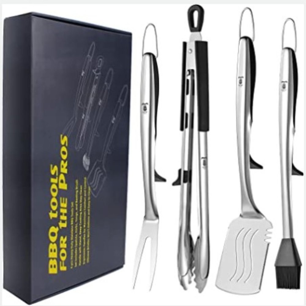 4 pc - 17" Stainless Steel - BBQ Grilling Tool Set with Stand